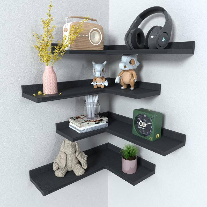 4 Tier Corner Floating Shelves Set Of 4, Rustic Pine Wood Corner Shelves For W