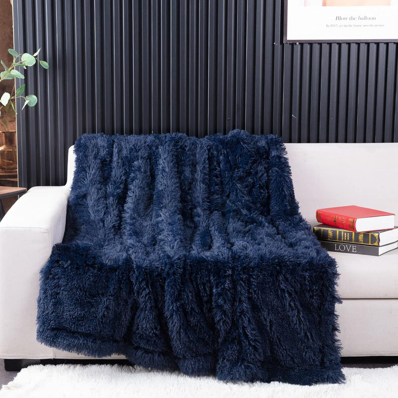 Navy Blue Faux Fur Throw Blanket,2 Layers,50" X 60" Cozy Plush Fluffy Blanket