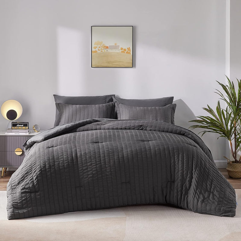 Full Seersucker Comforter Set With Sheets Dark Grey Bed In A Bag 7-Pieces All