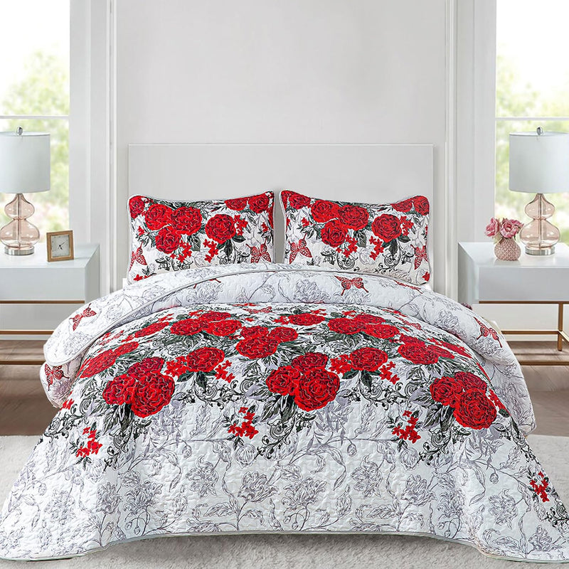 Floral Quilt Set Queen Size Elegant Red Rose Bedding Bedspreads 3 Pieces Light
