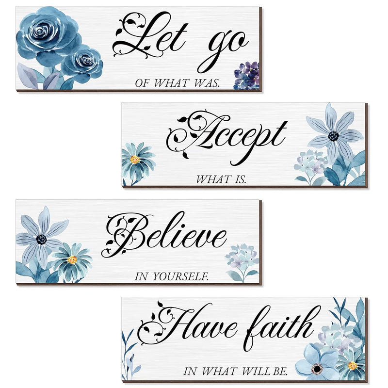 4 Pieces Blue Flower Wall Decor For Bedroom, Accept-Let Go-Have Faith-Believe