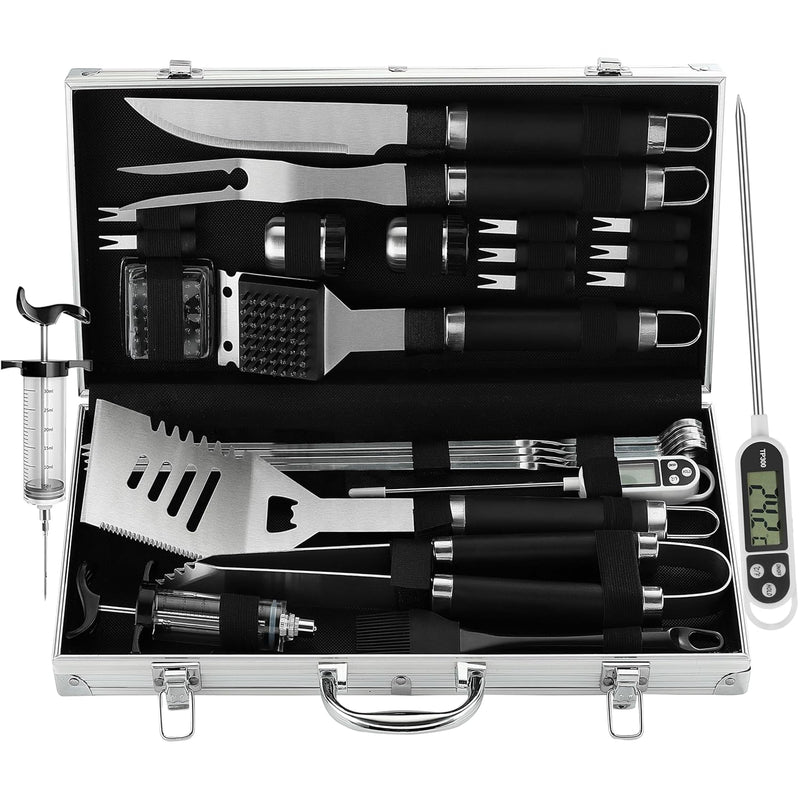 24PCS BBQ Grill Tools Set with Meat Thermometer and Injector - Extra Thick Stainless Steel Fork, Spatula& Tongs - Complete BBQ Accessories in Aluminum Case - Perfect Grill Gifts for Men
