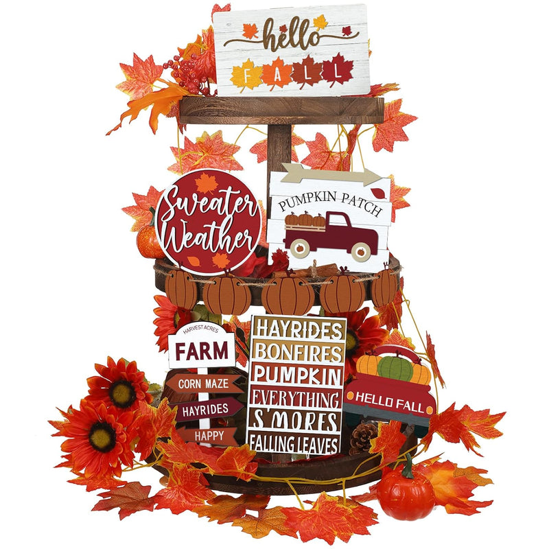 12 Pcs Thanksgiving Pumpkin Tiered Tray Decor Set Fall Gnome Truck Wood Sign R