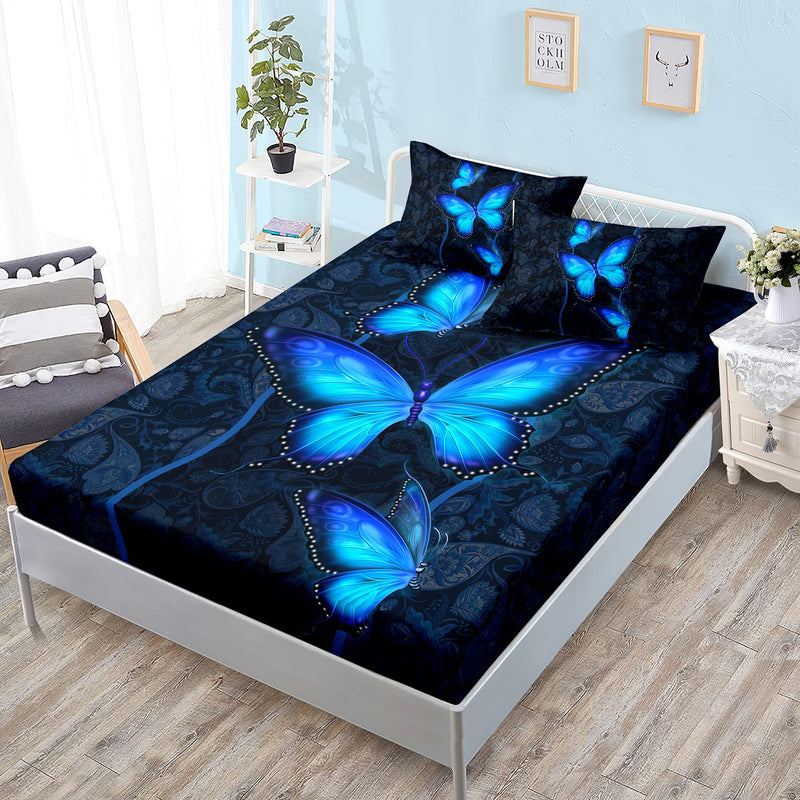 Blue Butterfly Bedding Set For Girls Bedroom Set,Mandala Bedding Boho Floral T