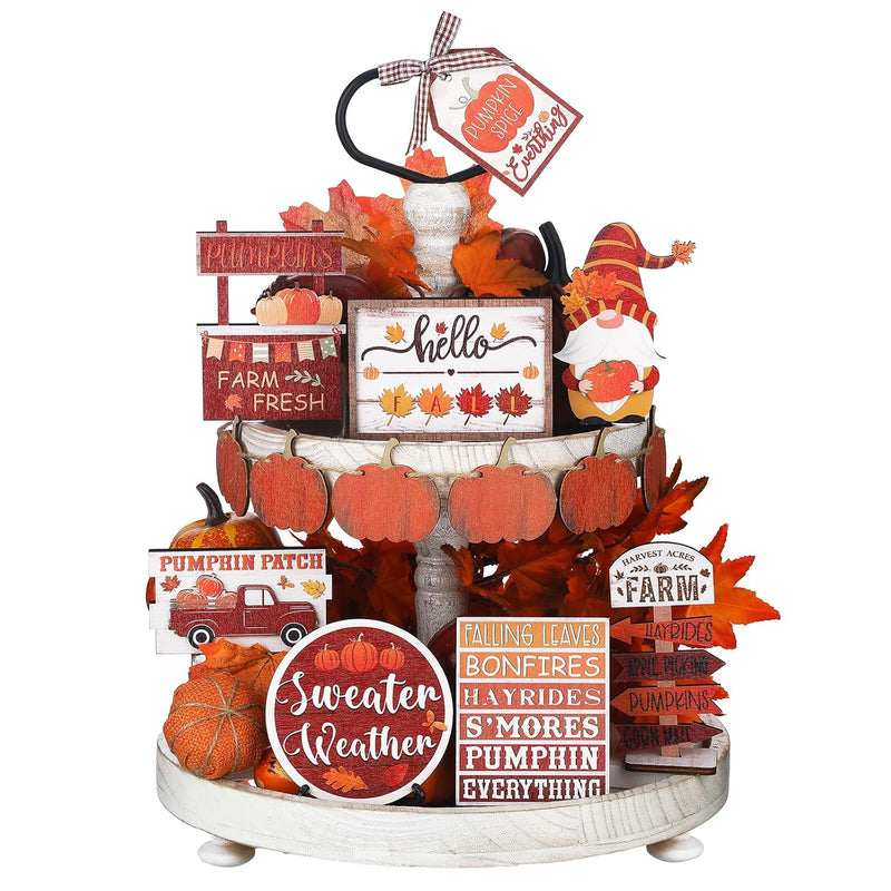 13 Pcs Fall Tiered Tray Decor Set Thanksgiving Decorations Autumn Harvest Wood