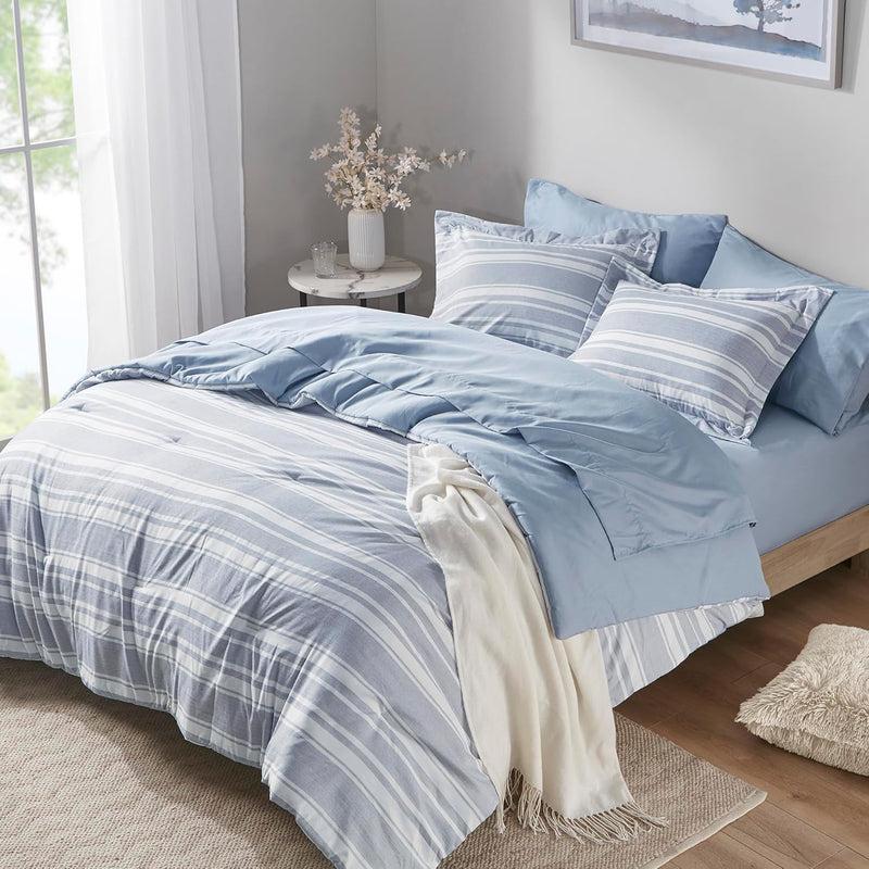 Full Size Bedding - 7 Piece Blue & White Striped Reversible Bed-In-A-Bag, All-