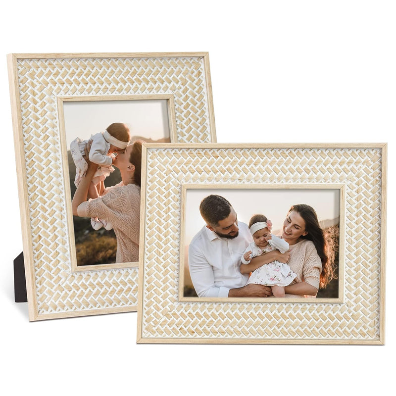 Boho Picture Frames 5X7 Family Picture Frame 2 Pack, Bohemian Rattan Decor Far