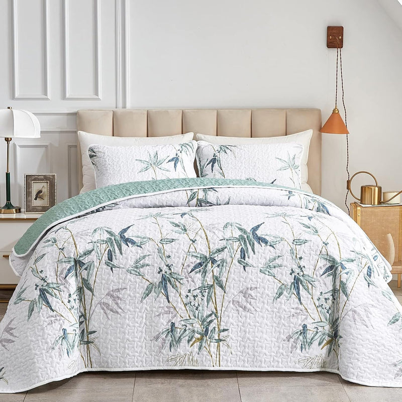 Botanical Quilt Set 3 Pieces Full/Queen Size, Green Leaves Printed On White Re