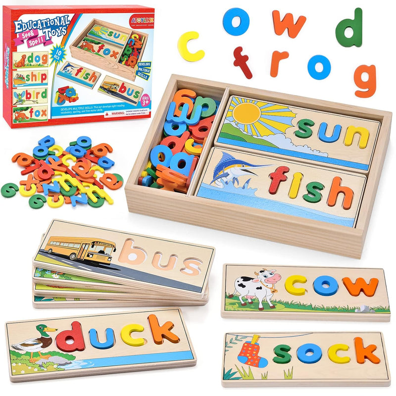 Atoylink Wooden Spell Learning Toys for 2 3 4 5 Year Old Kids Match Letter