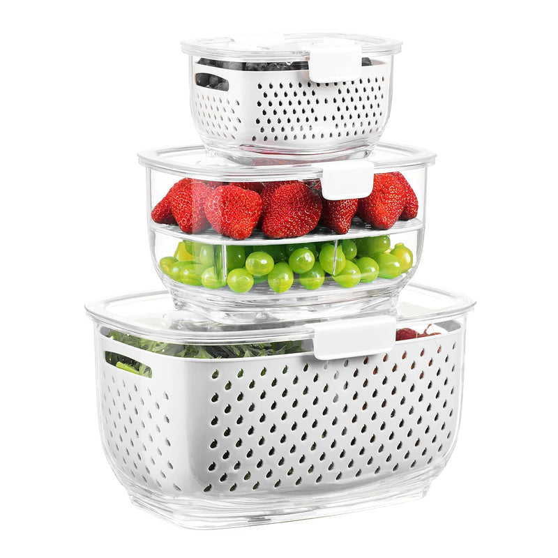 Fresh Produce Vegetable Fruit Storage Containers 3Piece Set, Bpa-Free, Partitioned Salad Container, Fridge Organizers, Used In Storing Fruits Vegetables, White