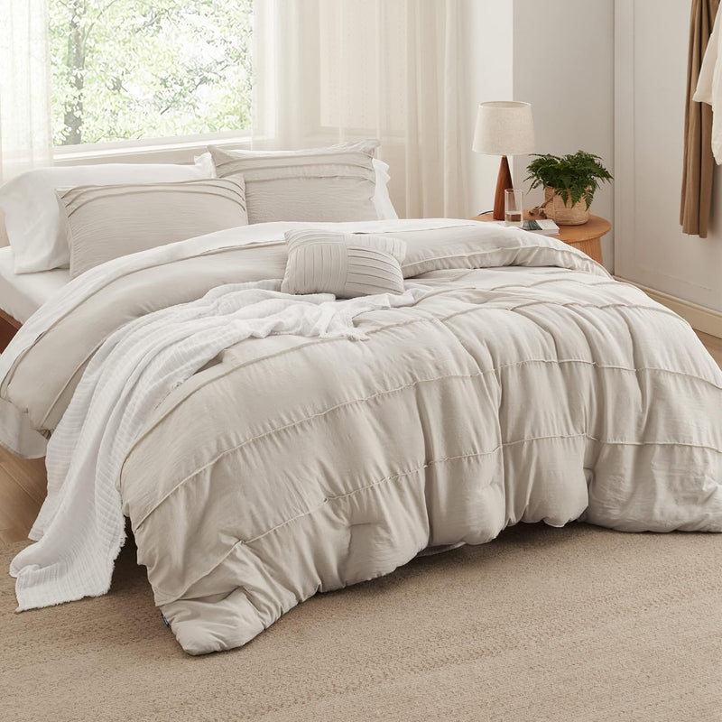 Beige Queen Comforter Set - 4 Pieces Pinch Pleat Bed Set, Down Alternative Bed