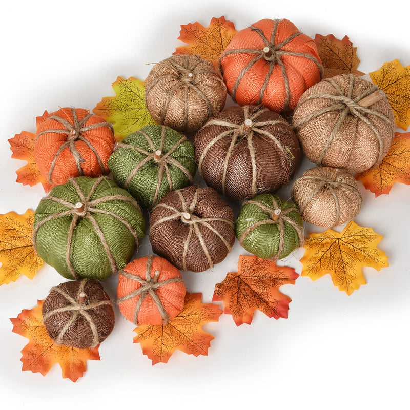 62Pcs Burlap Artificial Pumpkins Maple Harvest Fall Decoration, 12Pcs Fall Pum