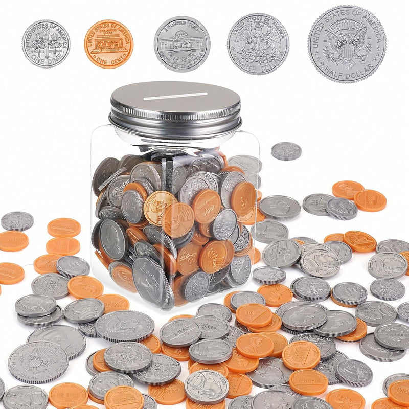 Play Money Coins For Kids, 250Pcs Detailed Fake Money Coins With Coin Jar, Rea