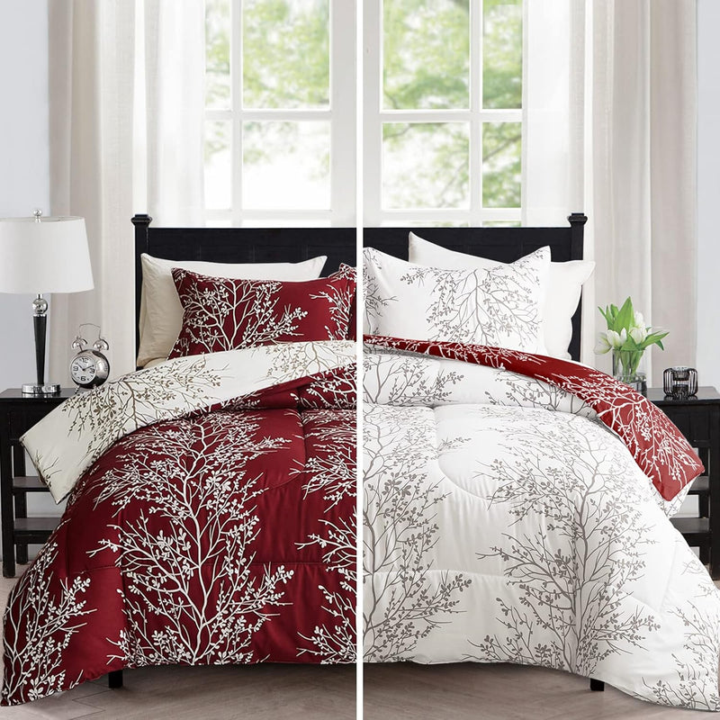 Burgundy Red Tree Christmas Comforter Set Queen Full Size, Red And White Flora