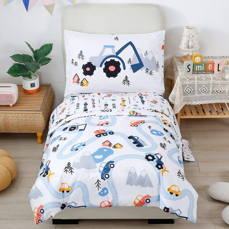 Toddler Bedding Kids 4 Pieces Bed In A Bag For Boys Cars Printed Microfiber To