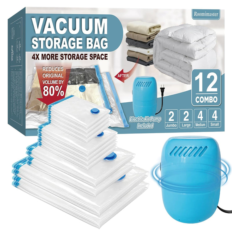 Vacuum Storage Bags With Electric Pump, 12 Combo (2Jumbo/2Large/4Medium/4Small)