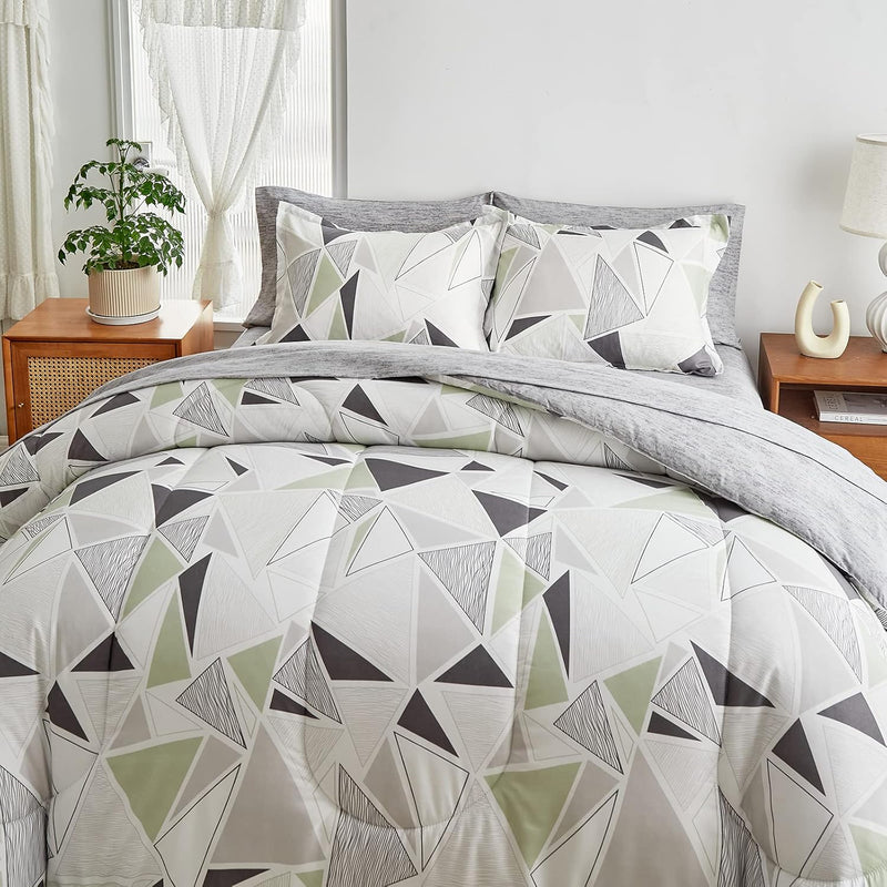 Comforter Sheet Set Bed In A Bag 7 Pieces King Size Green Gray Triangles Moder