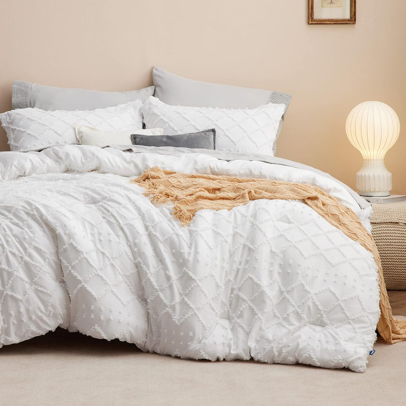 Boho Comforter Set Full - White Tufted Shabby Chic Bedding Comforter Set For A