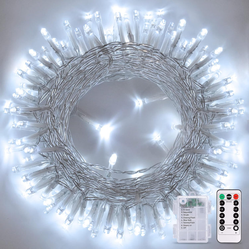 White Battery Operated String Lights Outdoor Waterproof, 33Ft 100 Led Battery Power Christmas Lights Indoor, 8 Modes Twinkle Fairy Mini Lights With Remote For Wedding Bedroom Tree