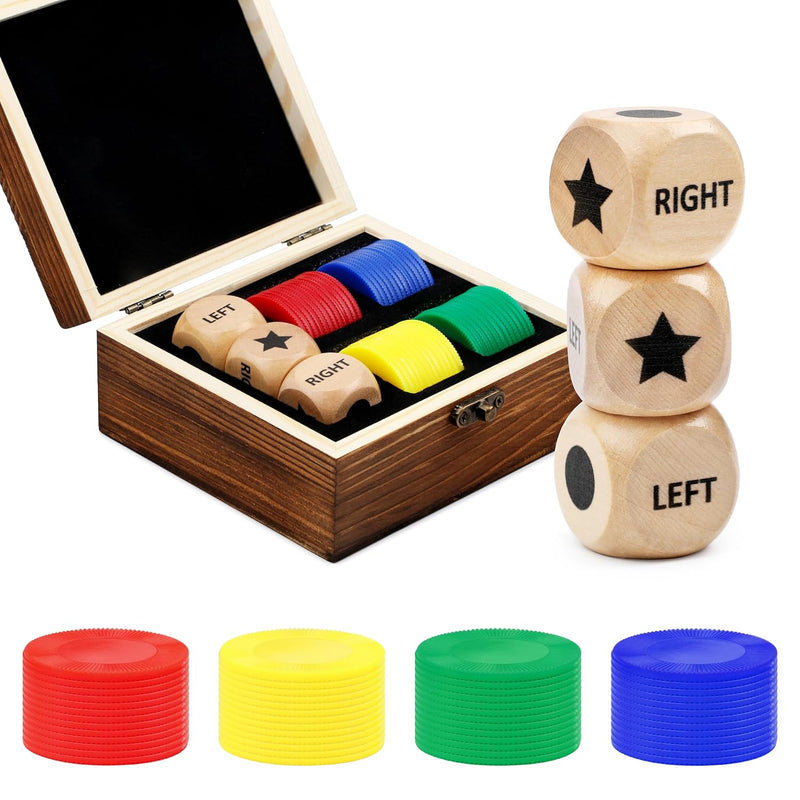 Left Right Center Dice Game Set, Include 3 1 Inch Wooden Dices And 48 Pcs C