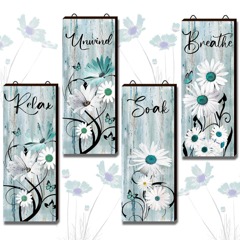 4 Pieces Teal Daisy Floral Bathroom Wood Wall Decor Teal Relax Soak Unwind Bre