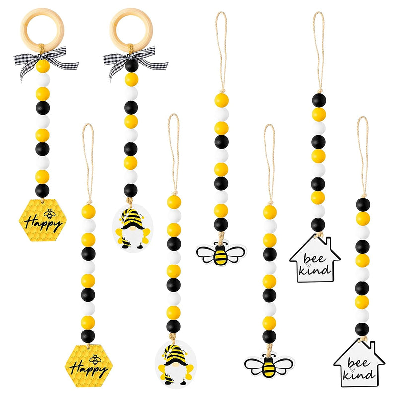 8Pcs Bee Wooden Bead Garland Ornament With Honeybee Pendant, Hanging Wood Ring