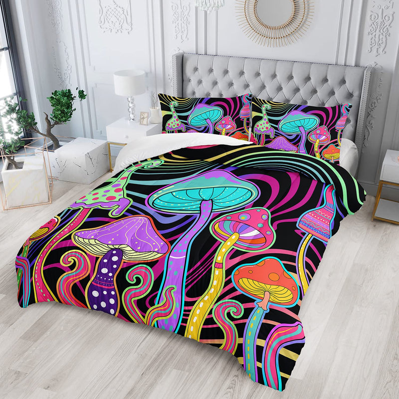 Colorful Mushroom Comforter Set Full Size Kids 3D Trippy Mushroom Bedding Set