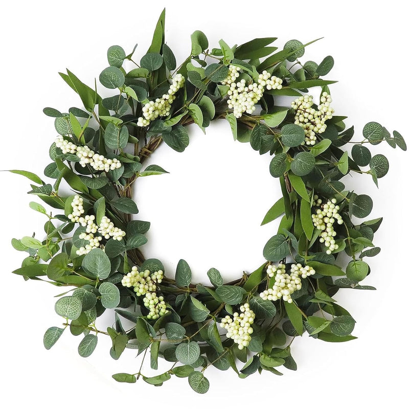 Wreaths For Front Door, 20" Artificial Eucalyptus Wreath, White Berry Greenery