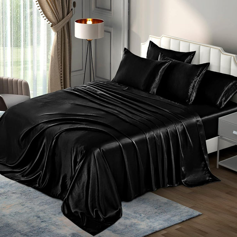 6-Piece Queen Satin Sheets Luxury Silky Black Satin Bedding Sheet Set, 1 Deep