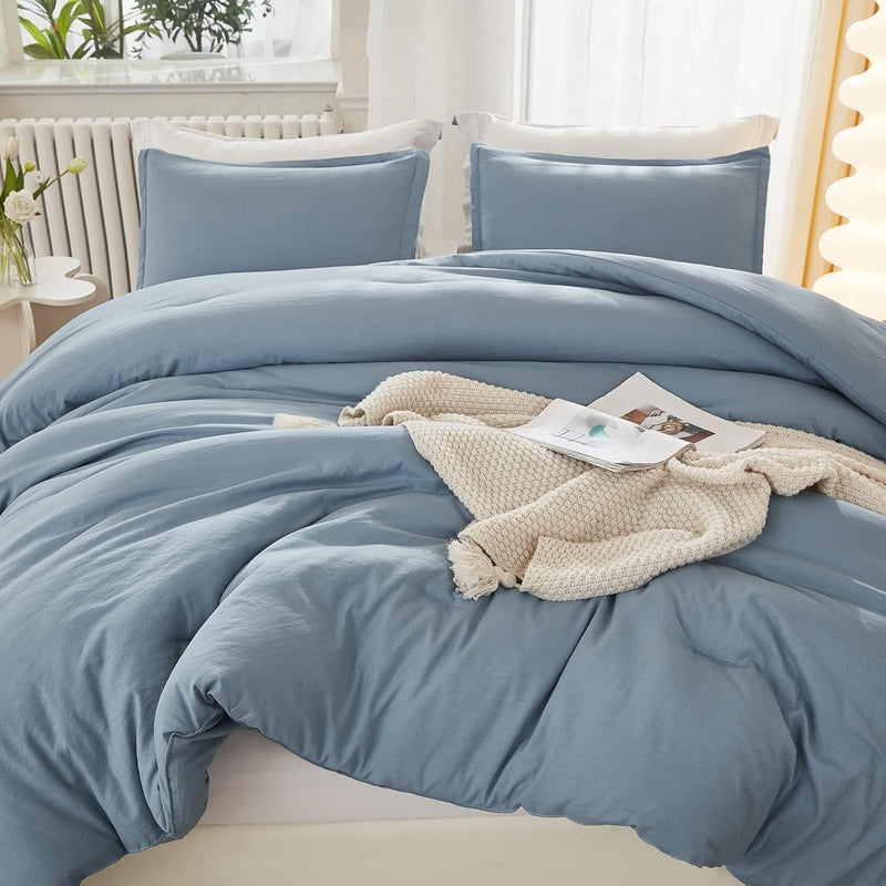 Grayish Blue Comforter Set Full Size, 3 Pieces Lightweight Solid Bedding Set &