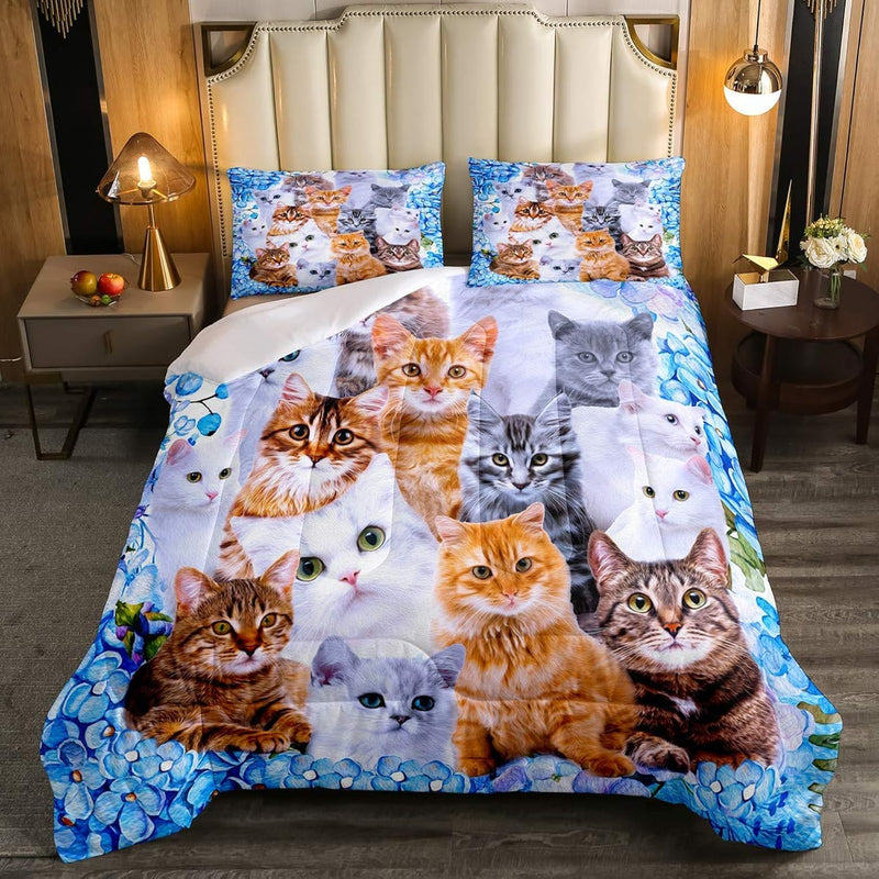 Kawaii Animals Cute Comforter Twin Bedding Sets For Girls, Cartoon Cat Toddler