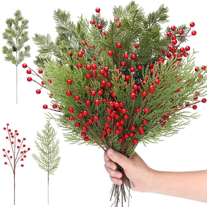 30 Pcs Christmas Berries Pine Picks Set, 3 Styles 13.5" 13.7" 16" Artificial R