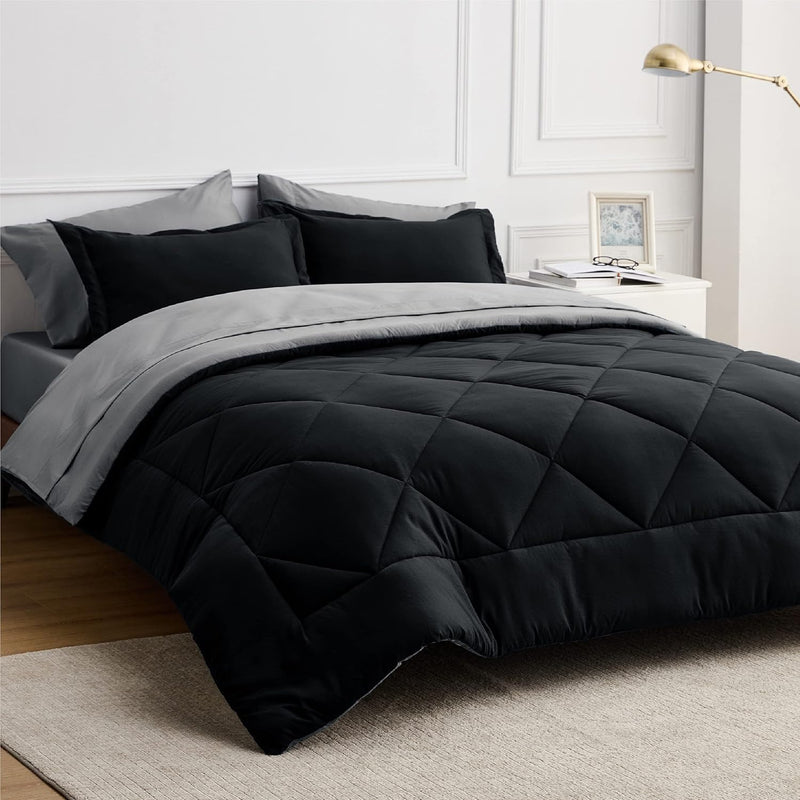 Black Comforter Set Queen - 7 Pieces Reversible Black Bed In A Bag With Comfor