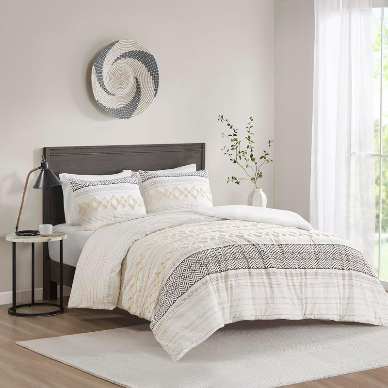 Asha Boho Duvet Cover King, Farmhouse Ivory 100% Cotton Tufted Bedding Set Wit