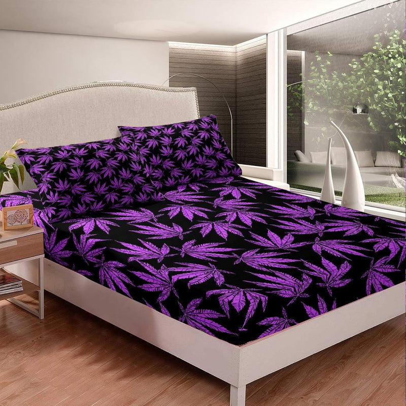 Marijuana Leaf Bed Sheets Botanical Weed Sheet Set Purple Hemp Bedding Trippy