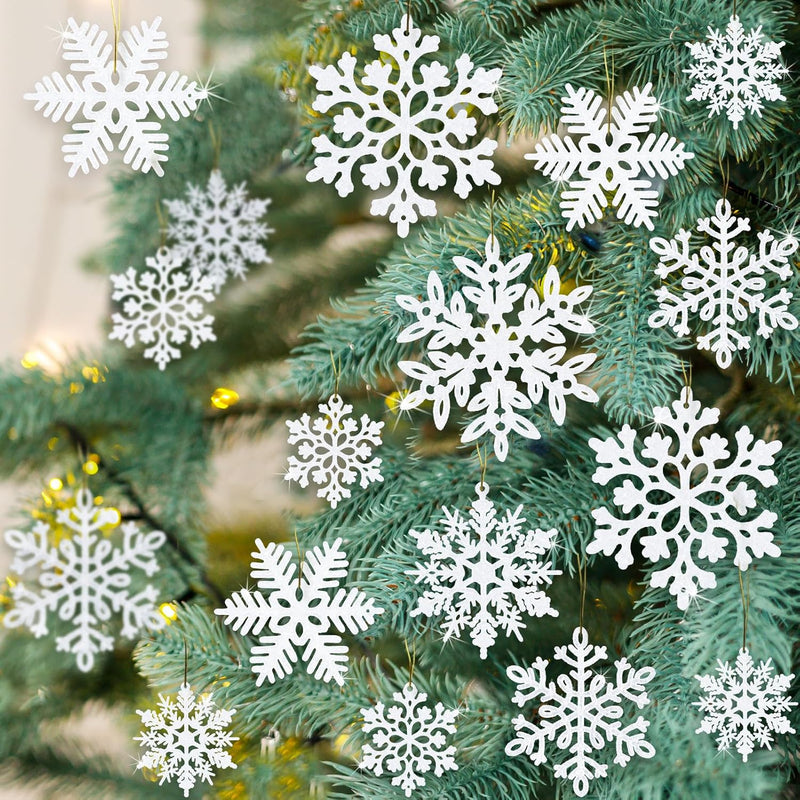 49Pcs Christmas Ornaments Snowflake Decorations - White Glitter Christmas Orna