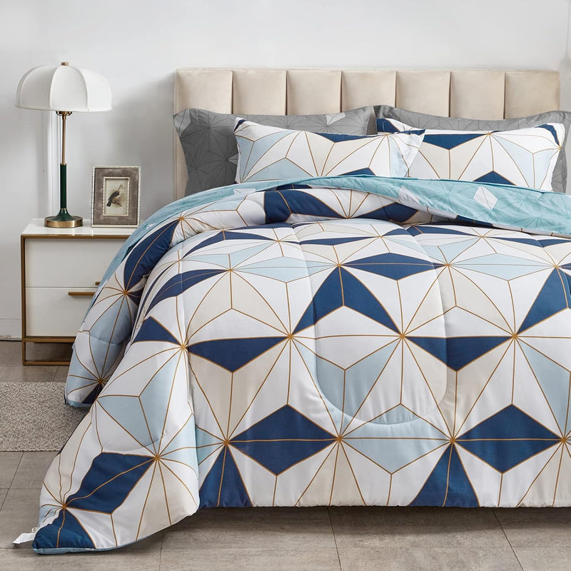 3 Piece Modern Triangles Comforter Set Full Queen Size, Blue And Navy Geometri
