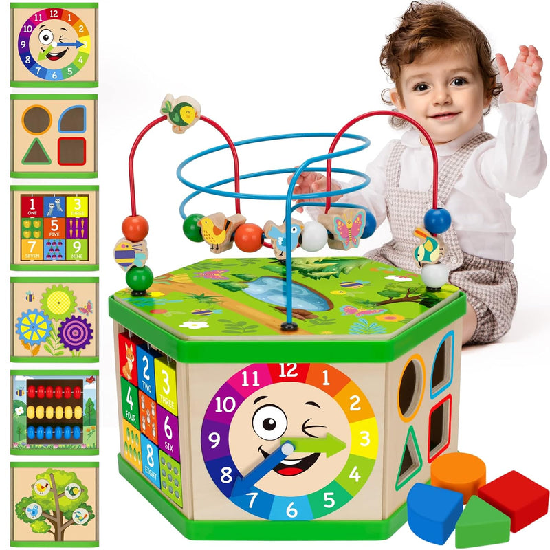 Wooden Activity Cube For 1 Year Old, 12 18 Month Boys & Girls, 7 In 1 Stem