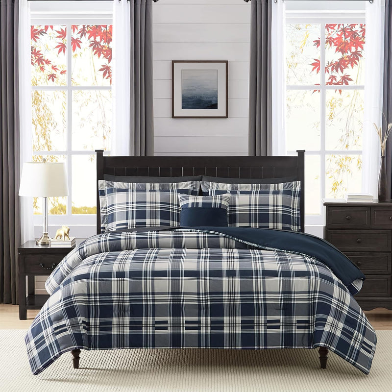 Full Size Comforter Set Navy Blue, Plaid Design Comforter Set 7 Pieces, All Se