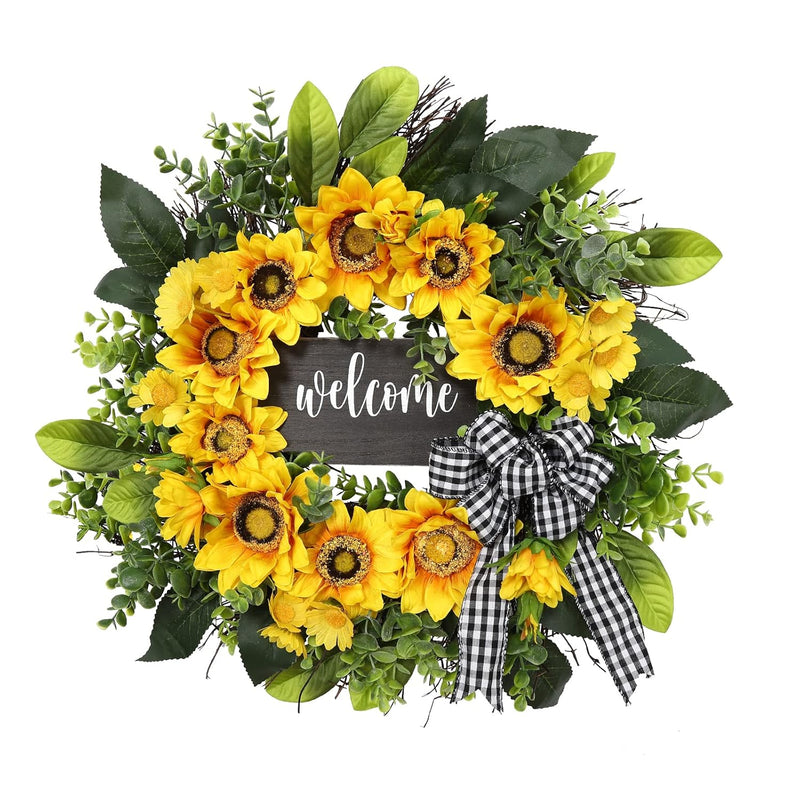 Sunflower Wreath With Welcome,Summer Fall Wreath For Front Door, Unique Housew