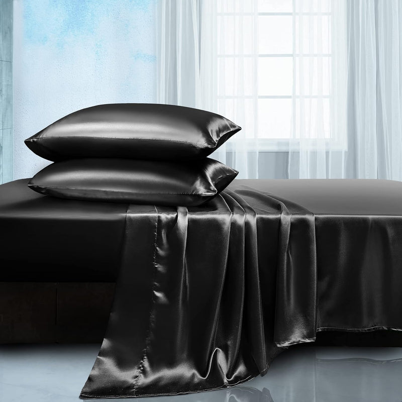 Satin Queen Sheets Set 4 Piece - Soft Silky Satin Sheets Set, Black Satin Bed