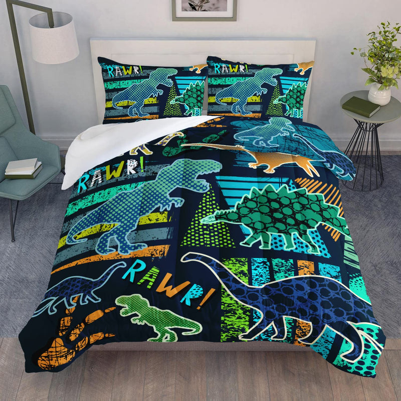 Dinosaur Print Bedding Set Queen Size Retro Green Dinosaur Silhouette Pattern