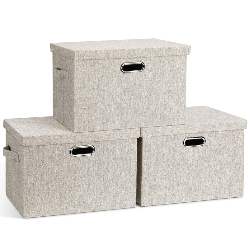 Large 17" 36 Quart Collapsible Stackable Storage Bins With Lids, 3 Packs Beige L