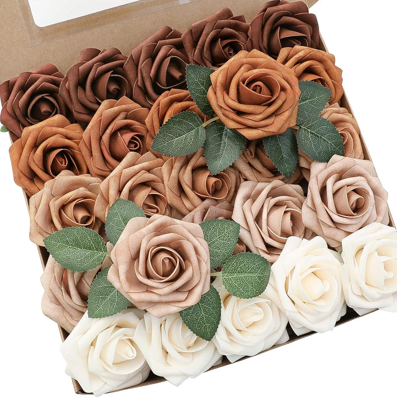 Artificial Flowers 25Pcs Real Looking Earth Tones Ombre Colors Foam Fake Roses
