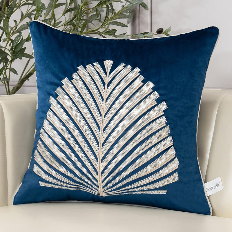 18 X 18 Inch Navy Blue Square Throw Pillow Cover Tree Leaves Embroidery Velvet