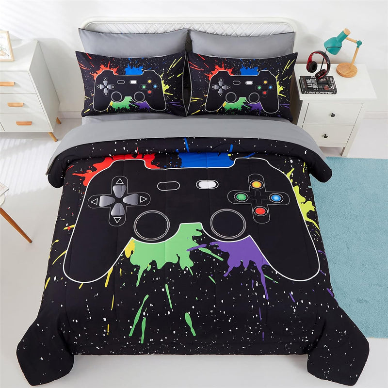 5 Piece Boys Queen Gamer Comforter Set With Sheets, 3D Colorful Video Game Con
