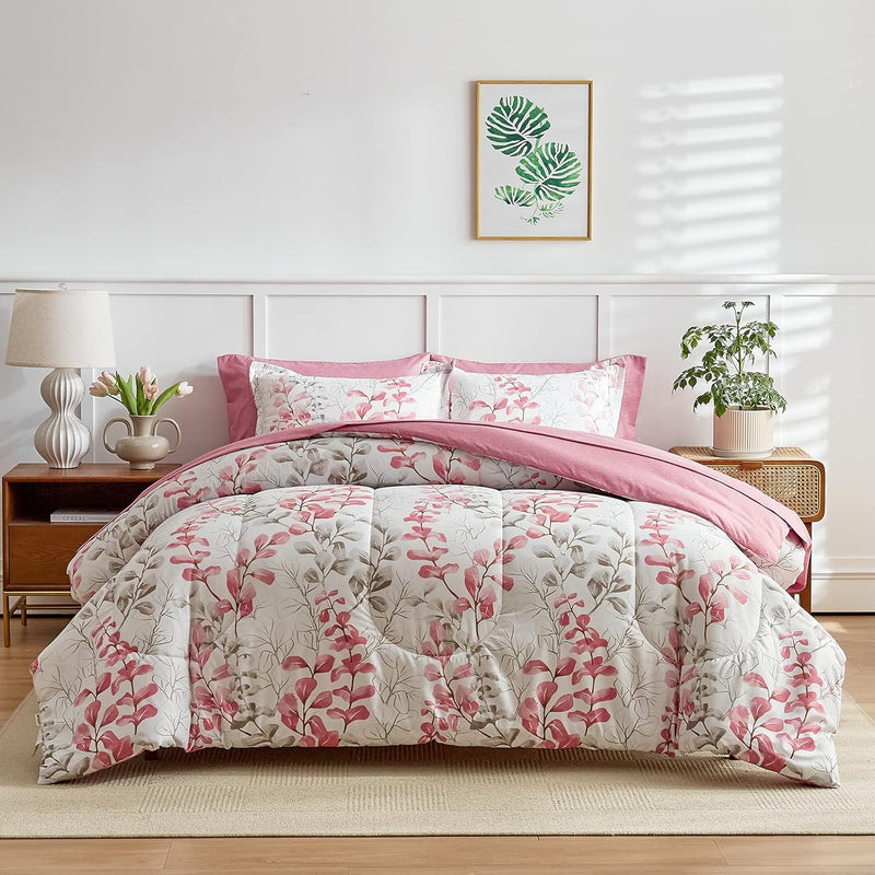 Pink Floral Comforter Sheet Set Bed In A Bag 7 Pieces Queen Size Pink Gray Flo
