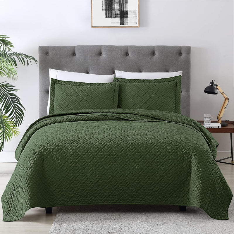 Quilt Set Full Queen Size Olive Green 3 Piece,Lightweight Soft Coverlet Modern