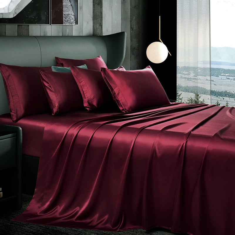 7Pcs Maroon Satin Sheets King Size Silky Satin Bed Sheets Set, Luxurious & Sof