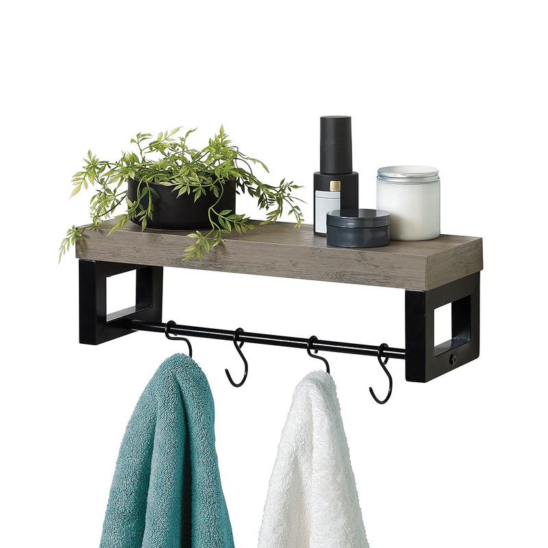 Wall Shelf With Towel Bar And Hooks, Driftwood And Matte Black